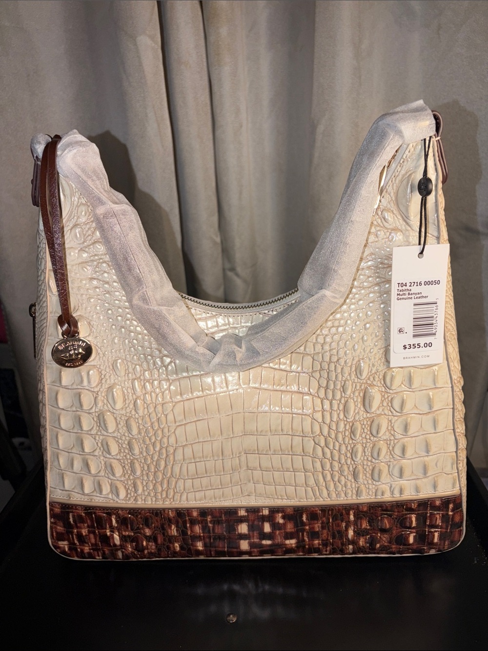 Brahmin Cream Croc-Embossed Shoulder Bag with Brown Accent